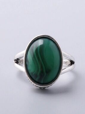 1pc  Vintage Silver-Tone Green Striped Ring, Casual Everyday Wear, Size 7